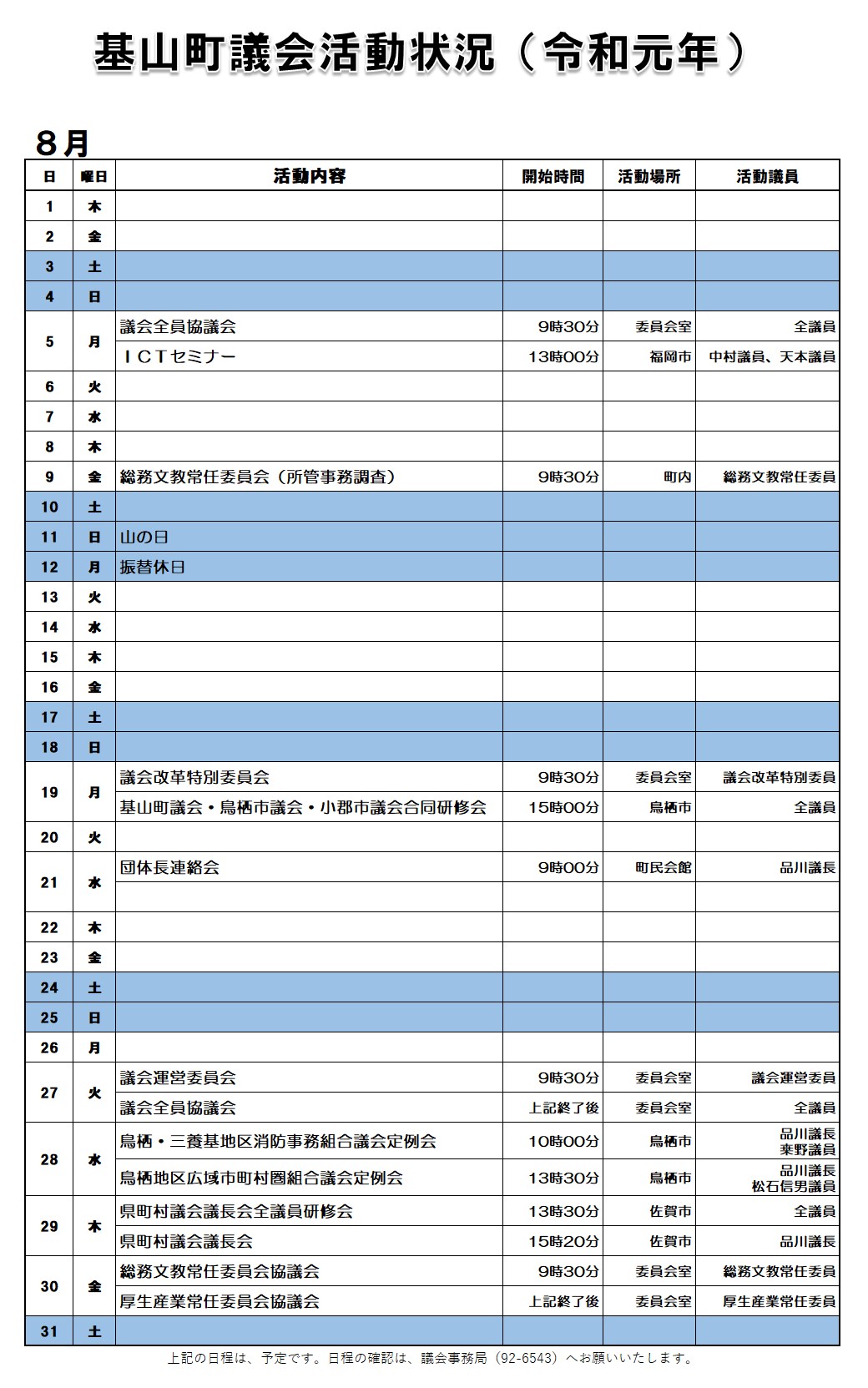 8月の活動状況